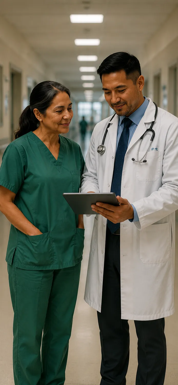 A doctor and nurse reviewing patient care together