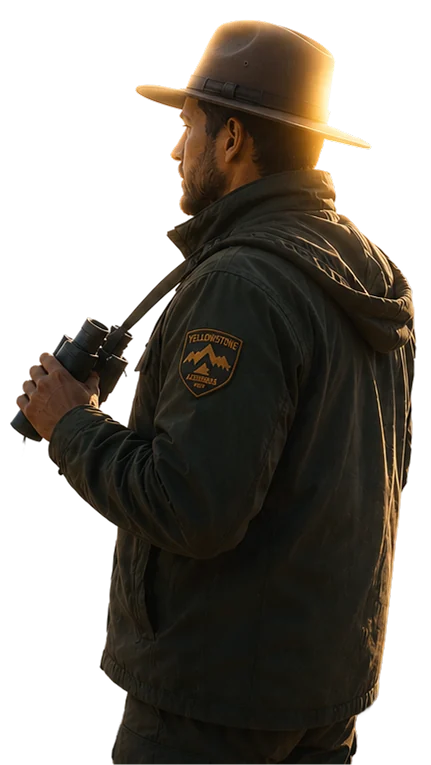 A field professional with binoculars overlooking a forested mountain valley at dusk