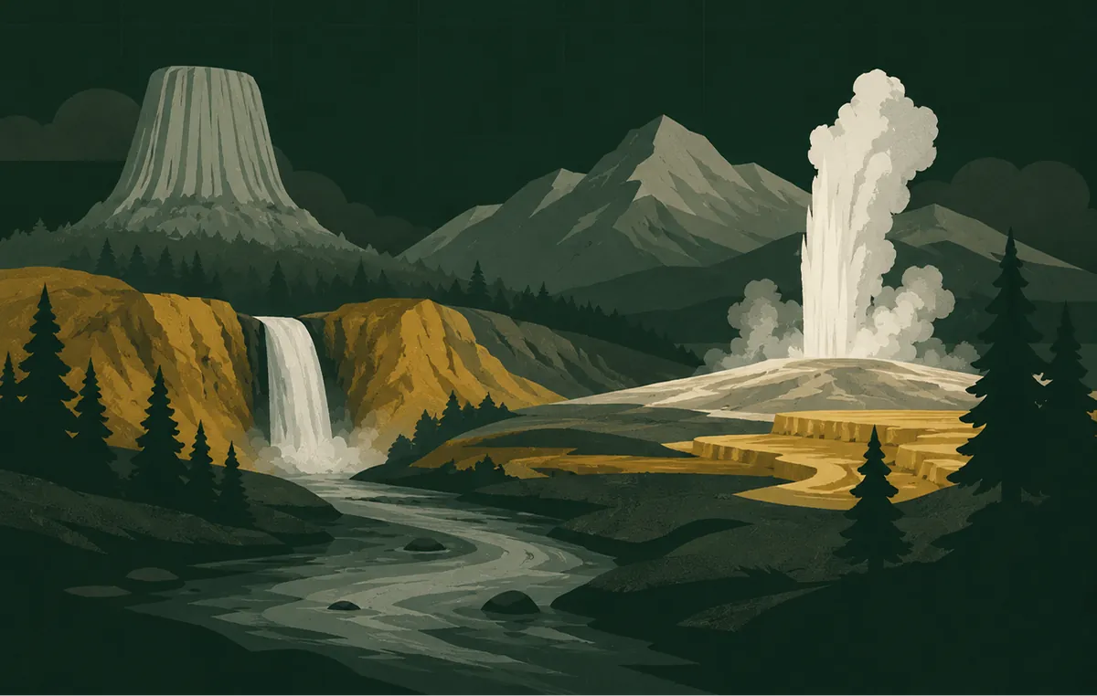 A stylized Yellowstone landscape with a geyser, waterfall, and mountains